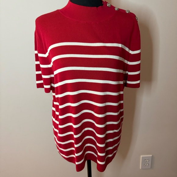 Talbots Mock Neck Button Red and White Striped Shoulder Sweater - Picture 1 of 9